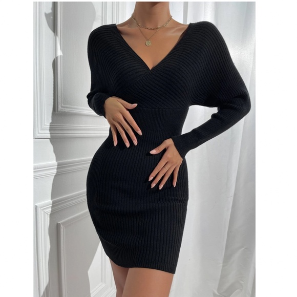 Black Off Shoulder V-Neck Rib Knit Sweater Mini Short Dress Long Sleeve - Picture 7 of 9